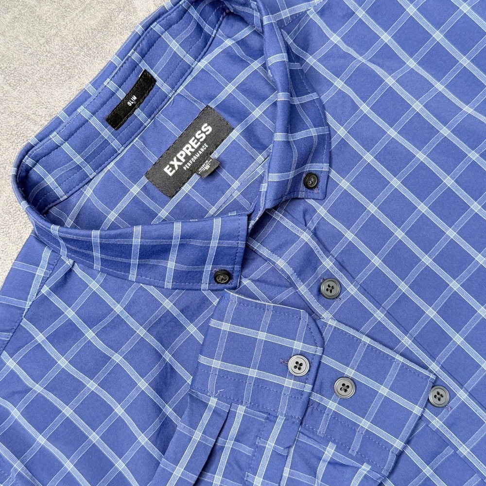 Express Performance Slim Fit Mens Medium Blue Plaid Long Sleeve Button Up Shirt